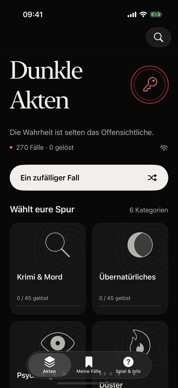 Dunkle Akten: Startbildschirm mit Fall-Kategorien